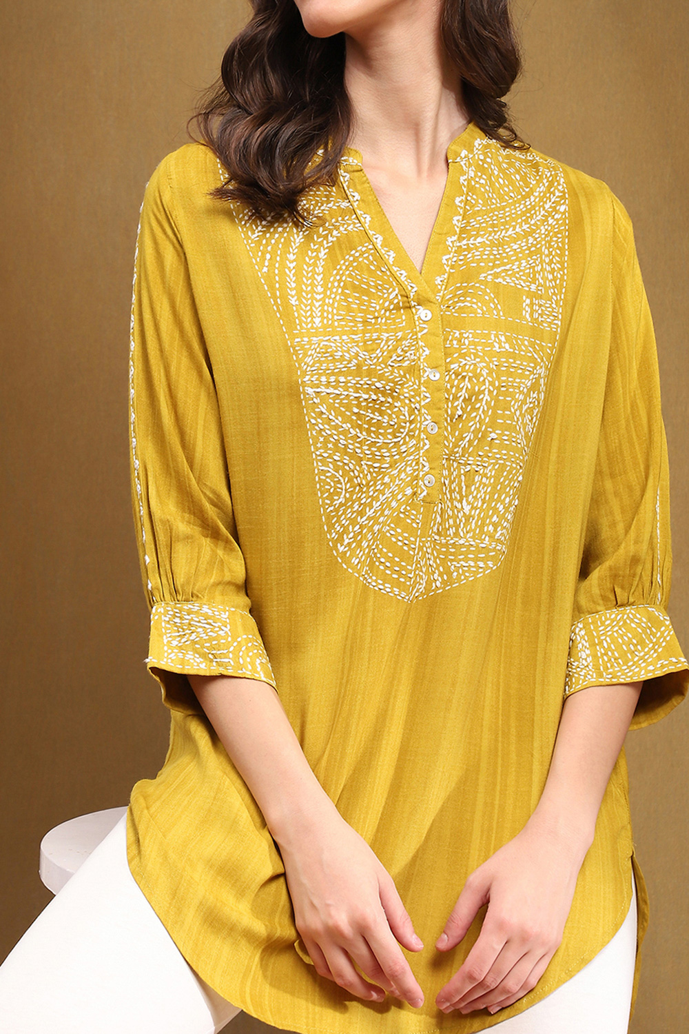Biba Cotton Straight Kurti Mustard