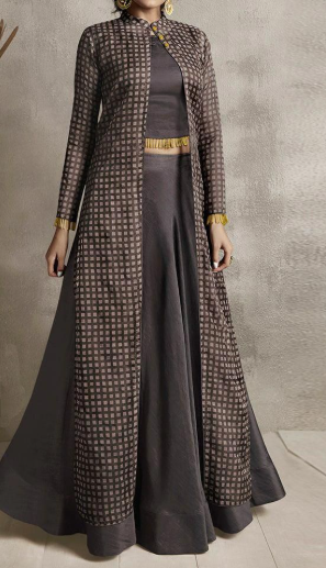 Women’s Designer Long Ethnic Gown Set (Grey & Brown)