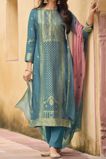 Women’s Elegant Ethnic Suit Set with Dupatta (Teal Green)