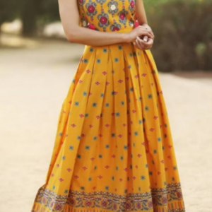 Women’s Printed Halter Neck Long Dress (Mustard Yellow)