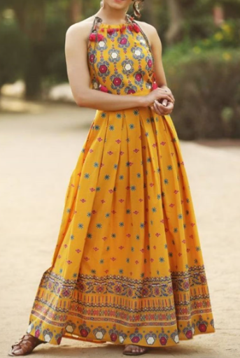 Women’s Printed Halter Neck Long Dress (Mustard Yellow)